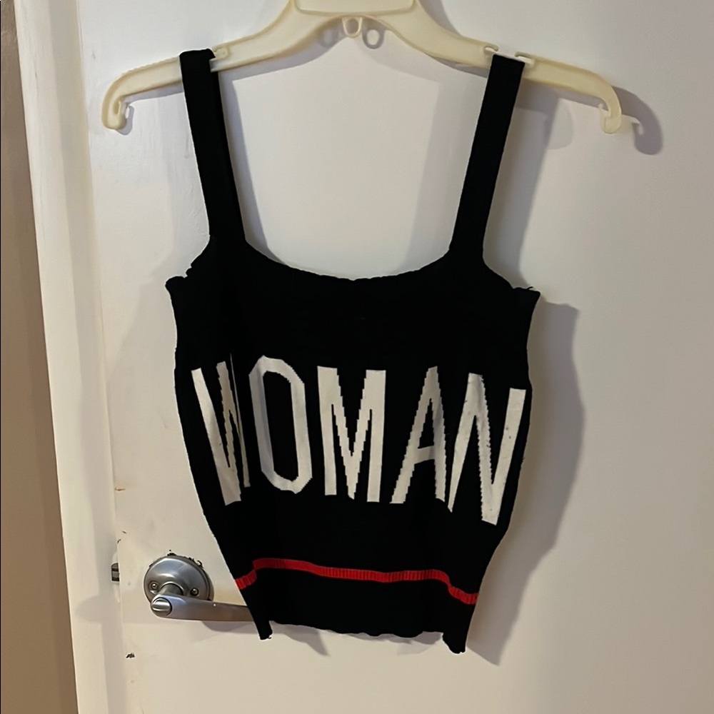 Black WOMAN Graphic Tank Top 60% Viscose 25% Acrylic 10% Polyamide 5% Elastane